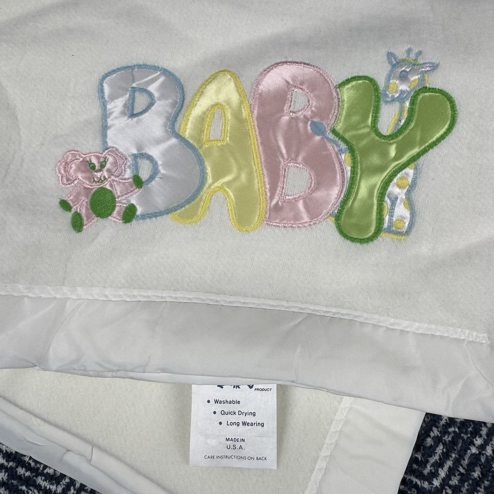 Rosebud Pastel Plush Baby Blanket Embroidered Elephant Giraffe Appliqué Vtg NEW